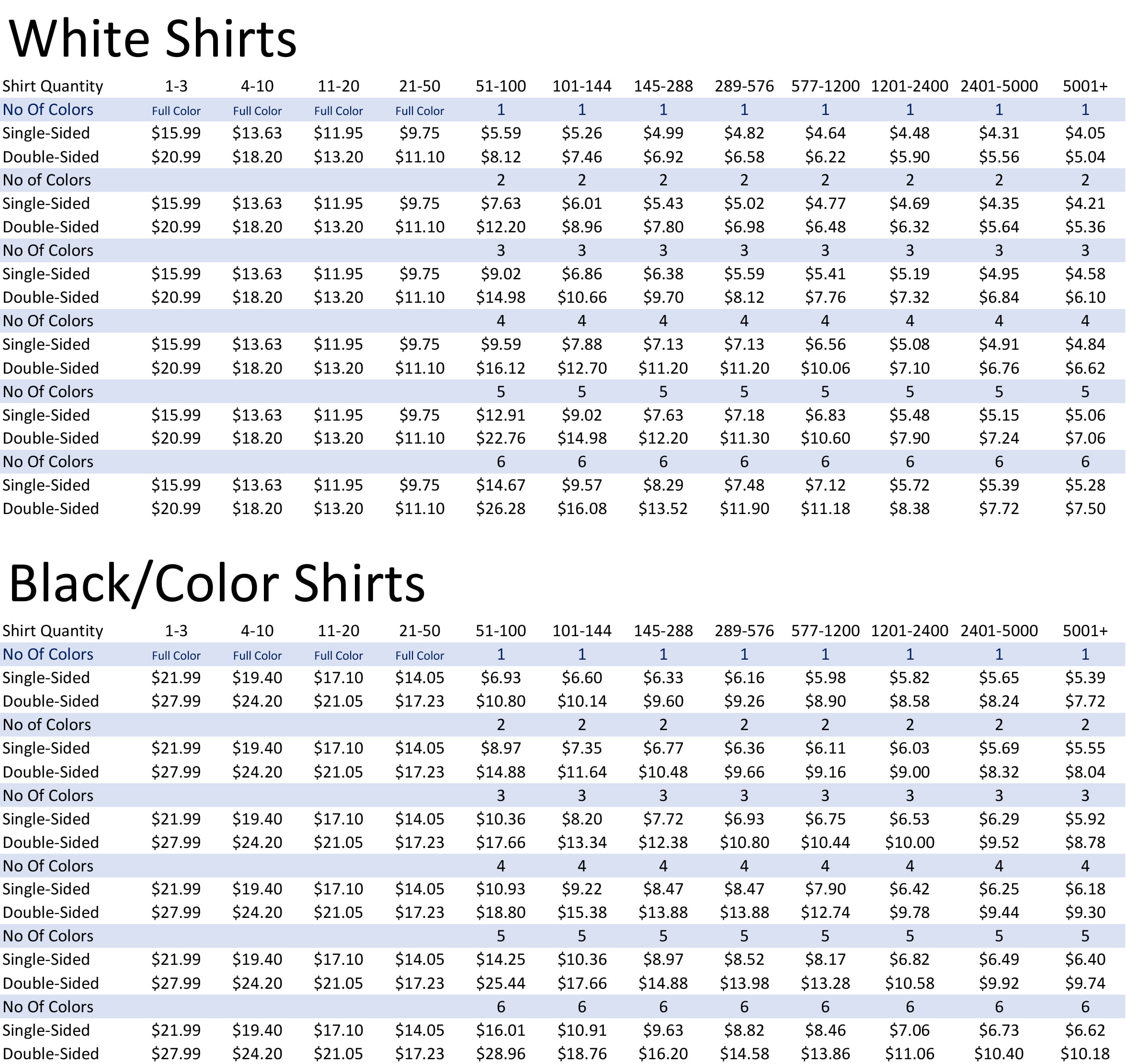 Printing Tshirt Price List